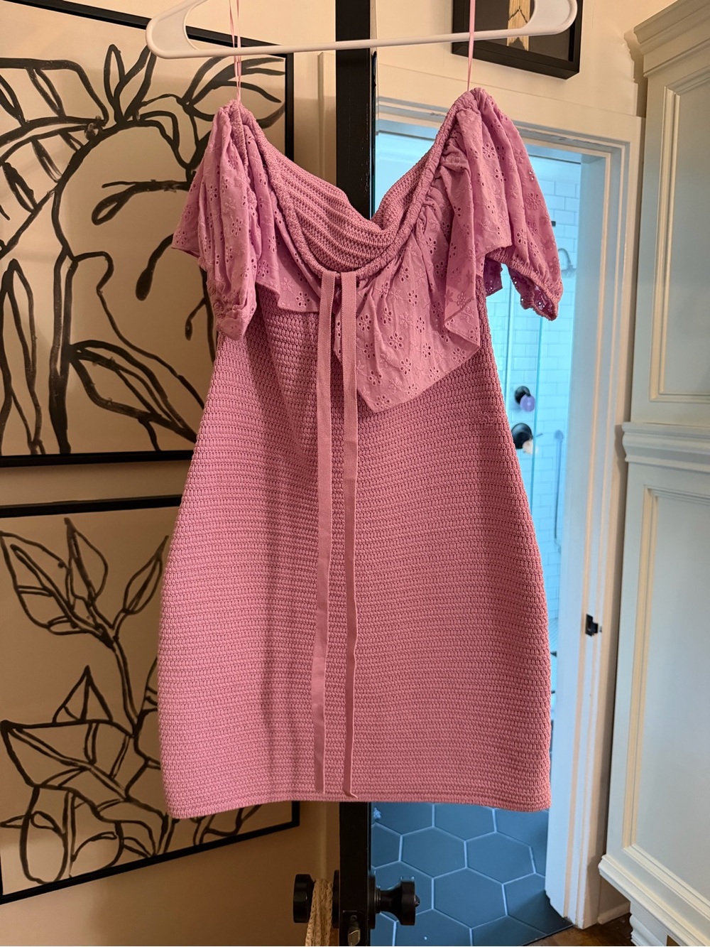 Fate Pink Eyelet Knit Off-Shoulder Mini Dress